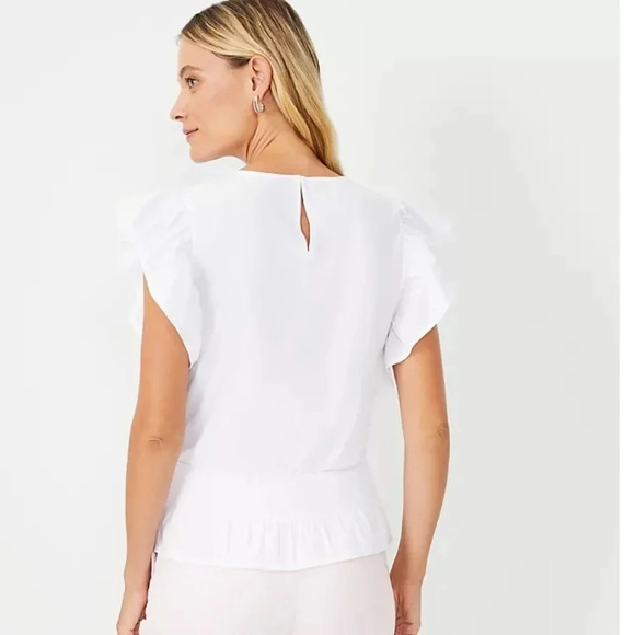 Ann Taylor White Smocked Waist Flutter Sleeve Top size MP - Picture 2 of 6